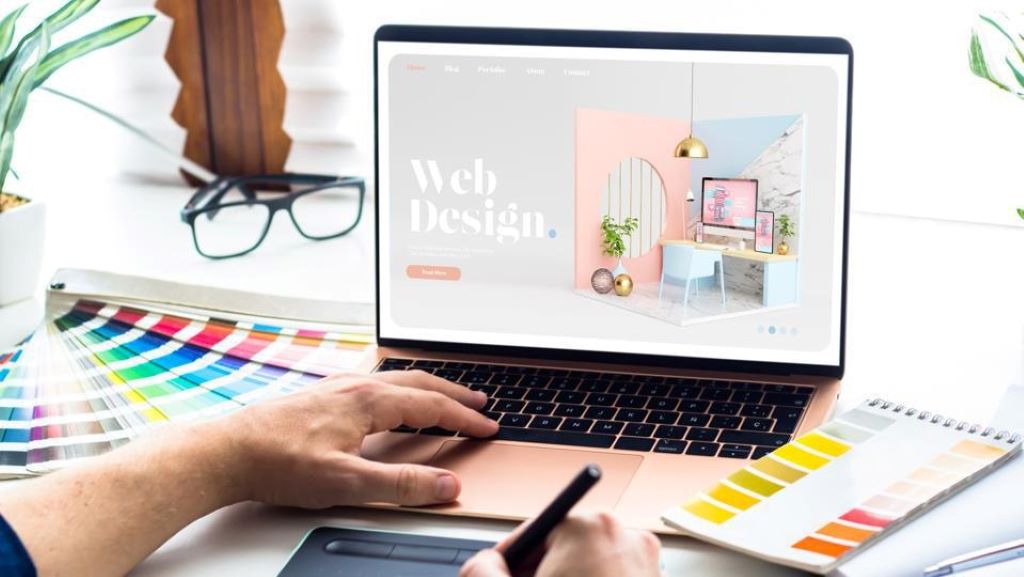 Illustration of custom web design and development process, showing a website layout, coding elements, and digital tools for building a standout online presence