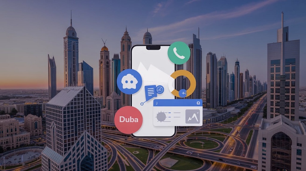 Illustration of Dubai skyline with mobile app icons and digital technology elements, representing a guide to mobile app development companies in Dubai.