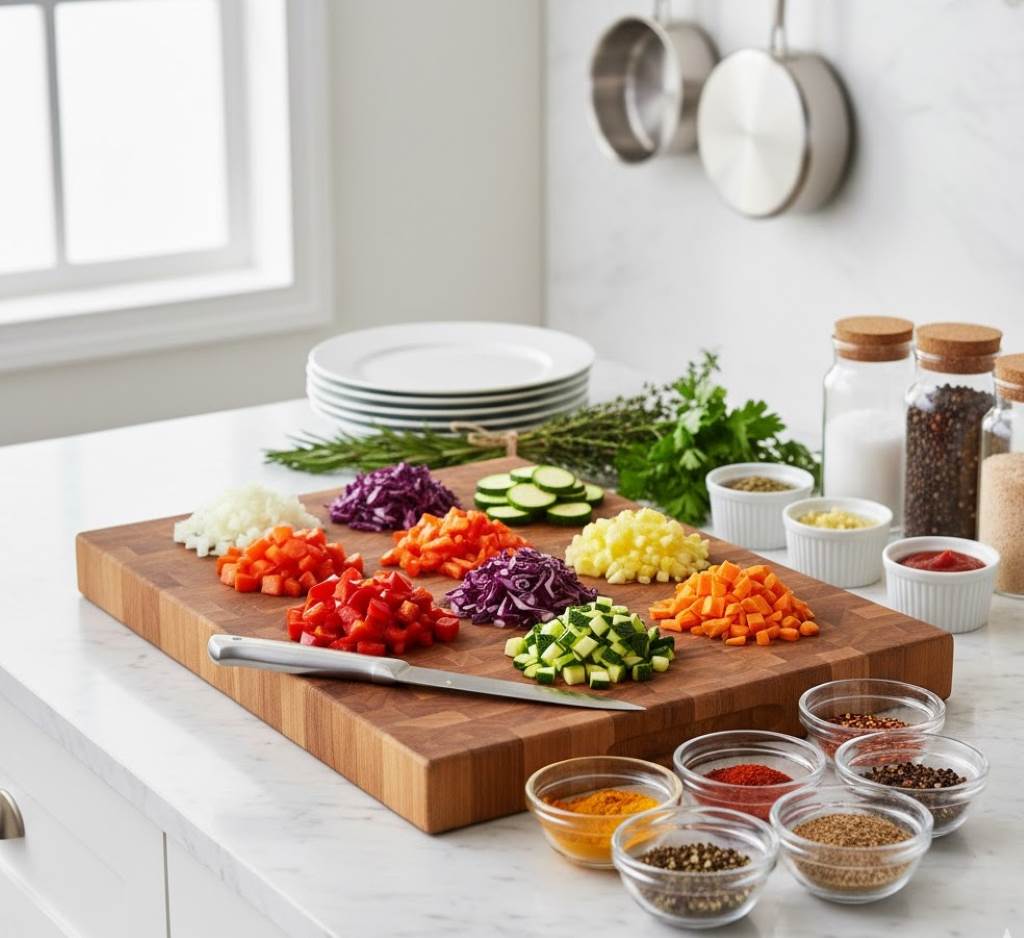 A neatly organized kitchen counter with prepped vegetables, spices, and a cutting board, ready for mise en place