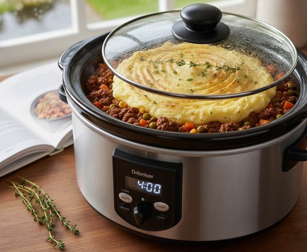 A slow cooker filled with hearty shepherd’s pie ingredients, simmering for a hands-off meal