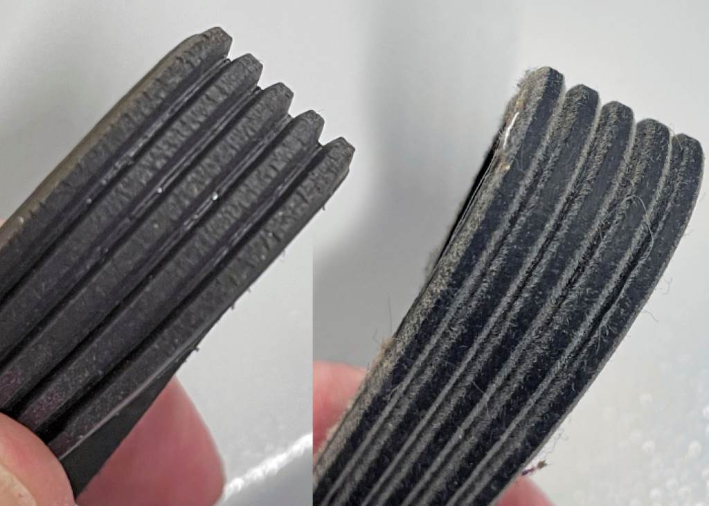 New vs worn serpentine belt comparison highlighting smooth edges versus cracked damage