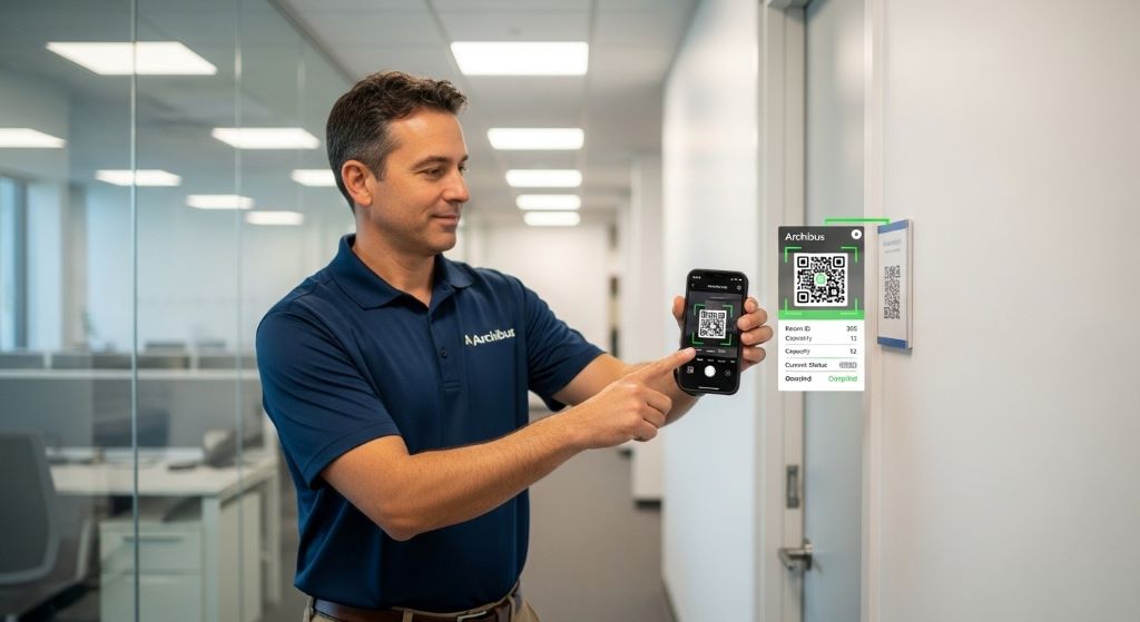 Facility manager using Archibus mobile app scanning QR code to access real-time space information during building walkthrough