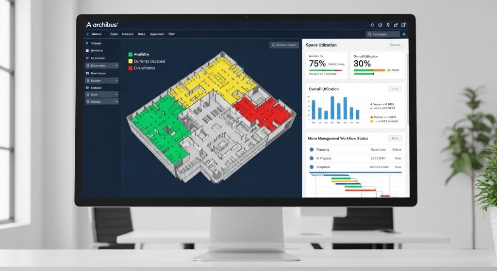 Archibus software dashboard displaying color-coded floor plans with space utilization metrics and move management workflow status