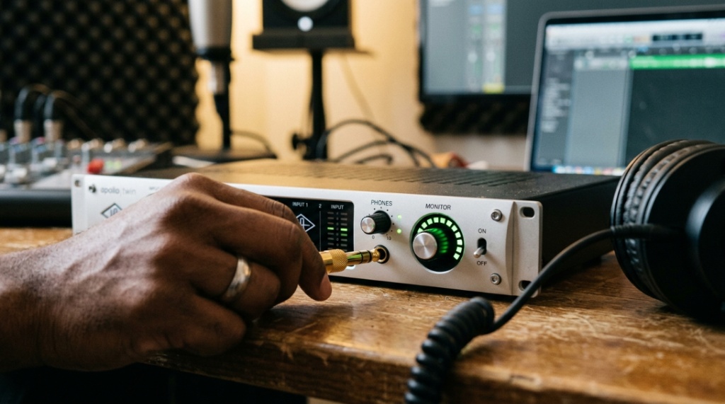 A music producer wearing headphones while editing audio tracks on a laptop screen.