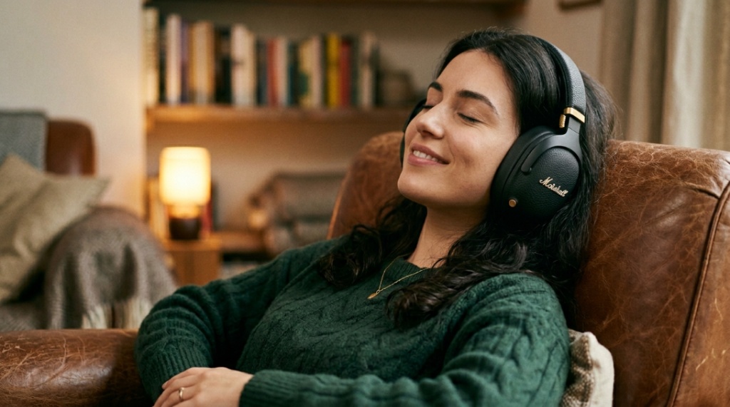 Close-up of large Marshall over-ear headphones featuring plush cushions for comfort.