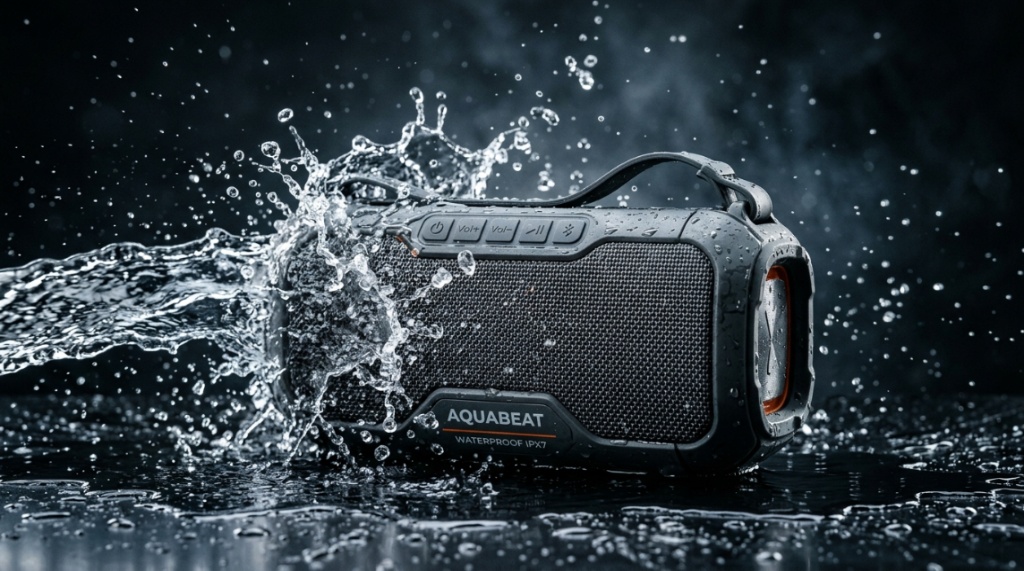 Close-up of a waterproof speaker being splashed with water droplets.