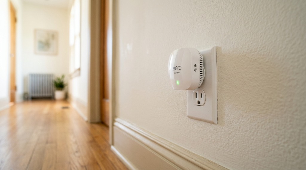 White mesh Wi-Fi range extender plugged into a hallway wall outlet.