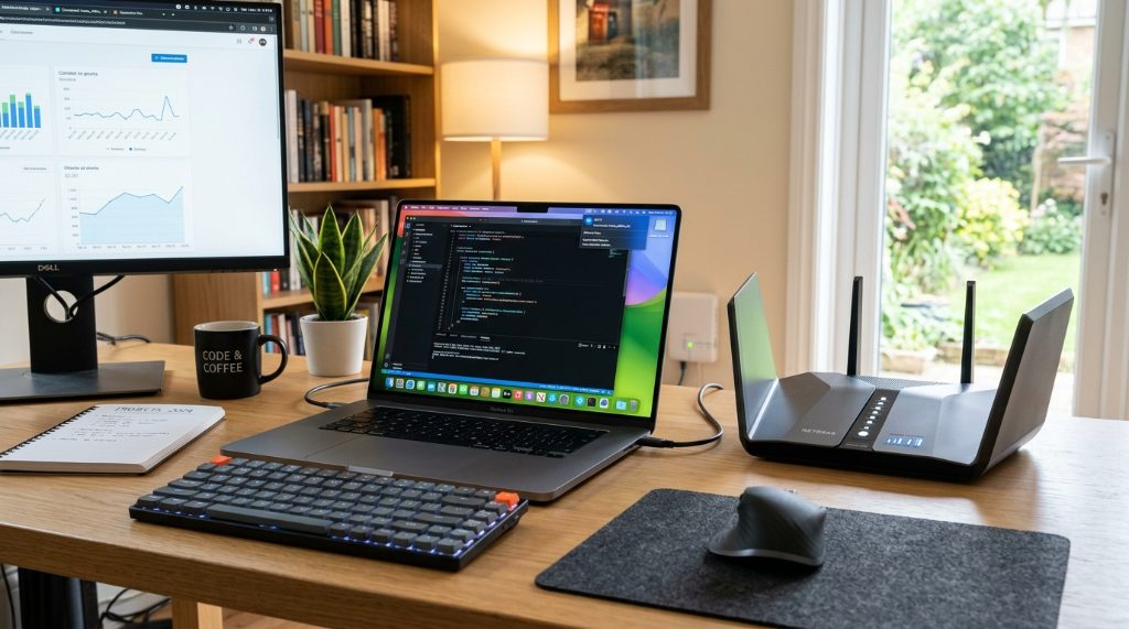 Modern laptop and Wi-Fi router on a tidy remote workspace desk